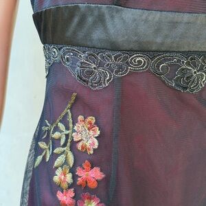 Adrianna Papell dress Black Tulle beaded- burgundy liner‎ Floral Embroidery 6 6P